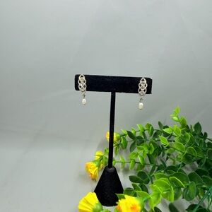 Napier Signed Silver Plated Filigree Drop Clip On Earrings with Pearl Accent